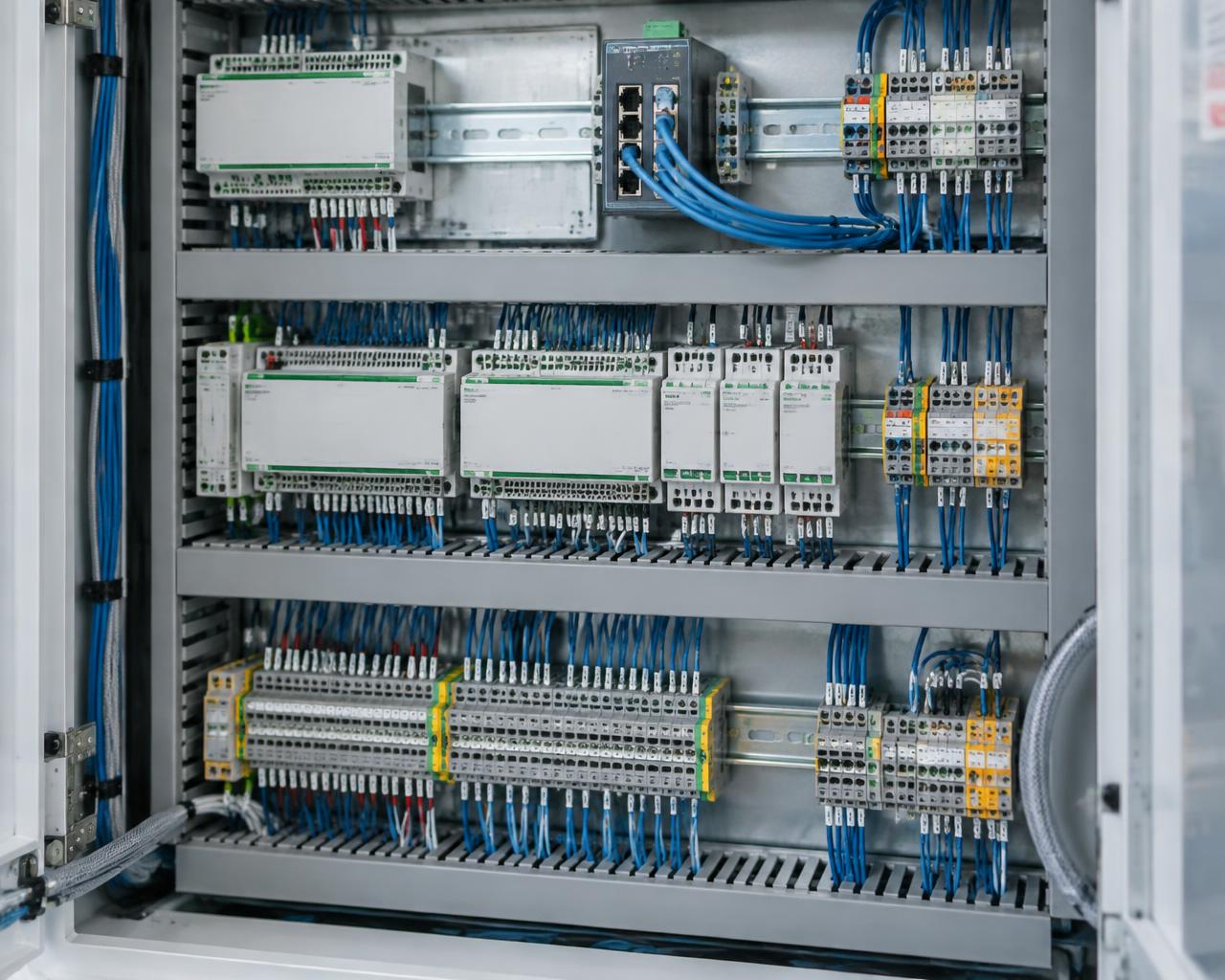 Geöffneter Schaltschrank mit Gebäudeautomations-Controllern, Klemmen und Netzwerk-Switch